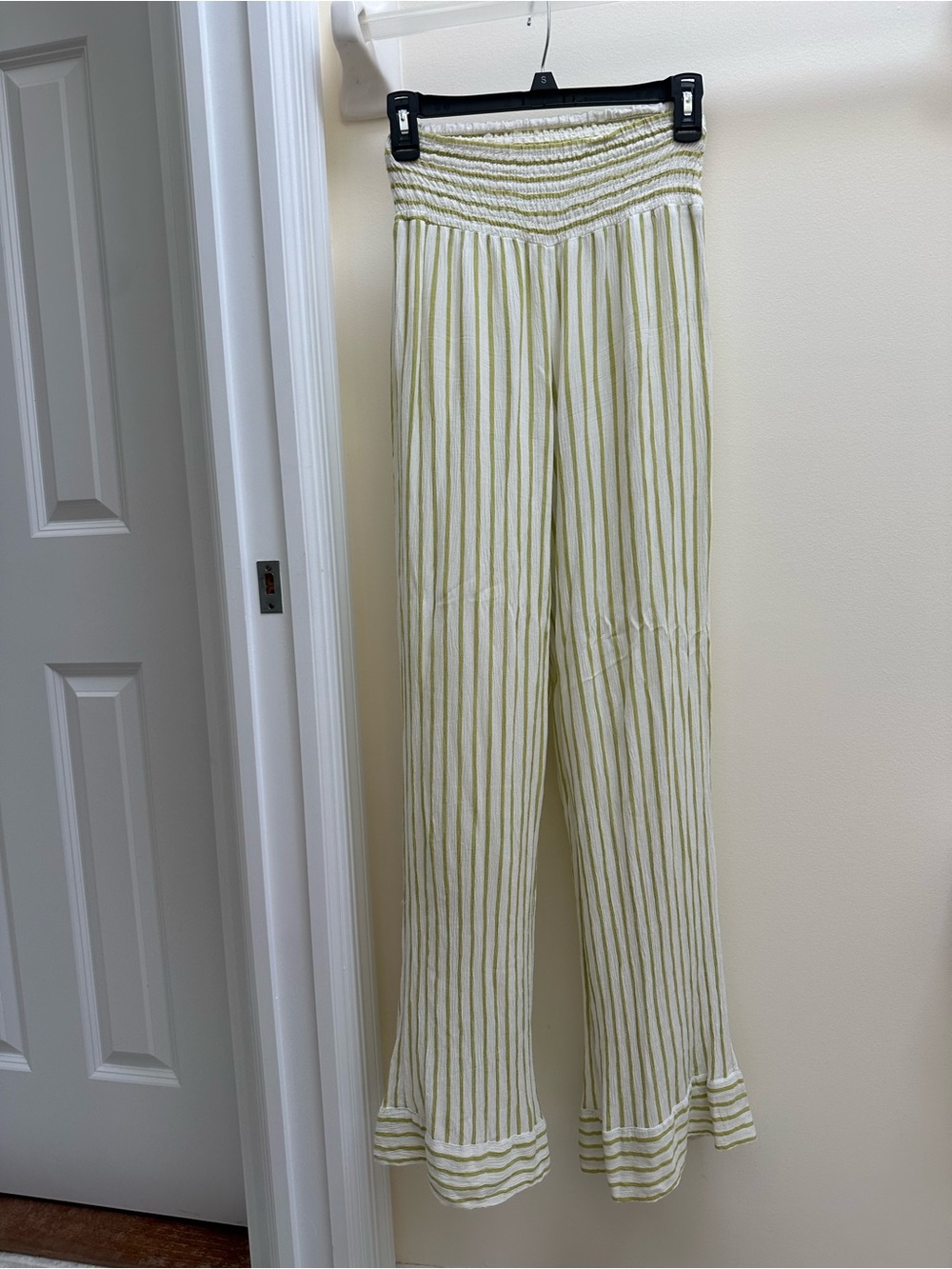 Billabong Cream and Light Green Striped Smocked Wide-Leg Pants